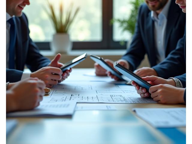 Team of professionals reviewing documents and blueprints for real estate due diligence