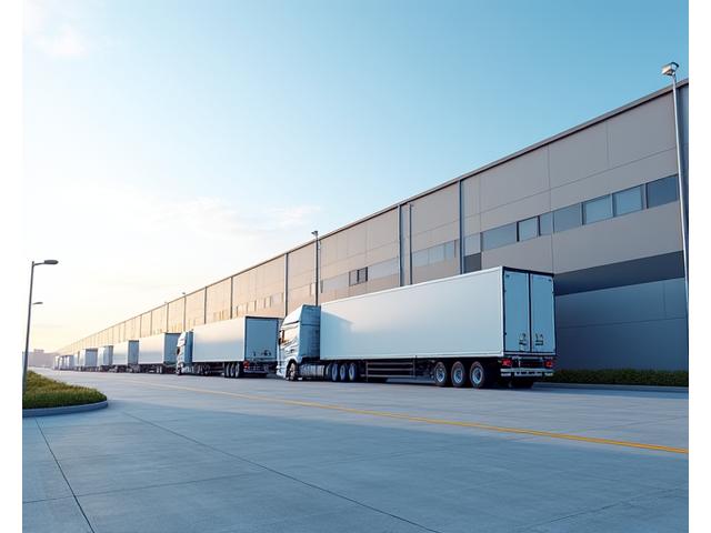 Vast modern logistics center with trucks for transport