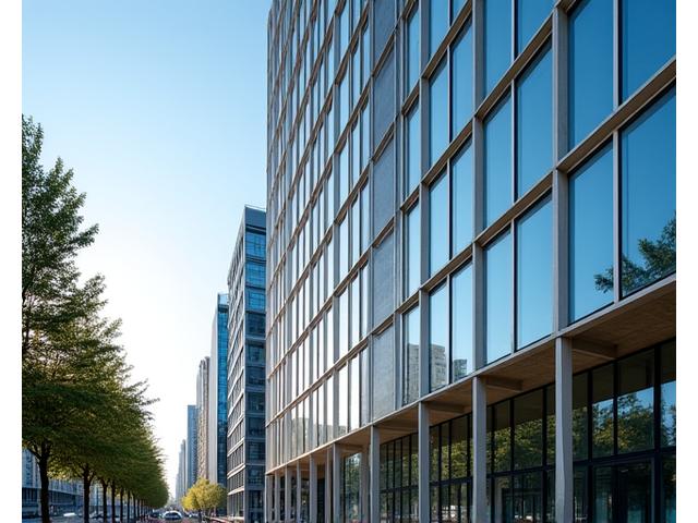 Modern office building in a bustling Madrid district at daytime