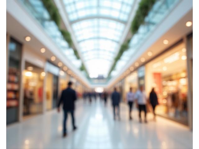 Modern, bustling retail shopping mall interior with natural light