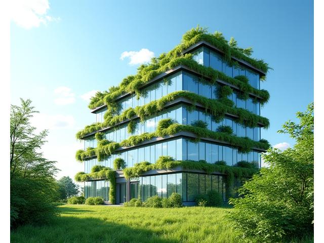 Modern green building with solar panels and lush vertical gardens