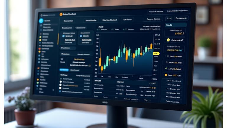 Diseño de interfaz de usuario de una plataforma de inversión financiera con gráficos y datos.
