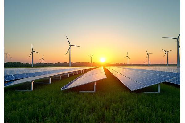 Paneles solares en un campo, con una turbina eólica en el fondo.