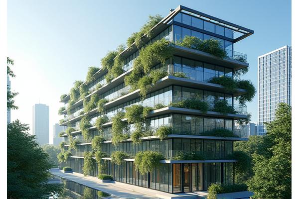 Un edificio moderno con jardines verticales y paneles solares.