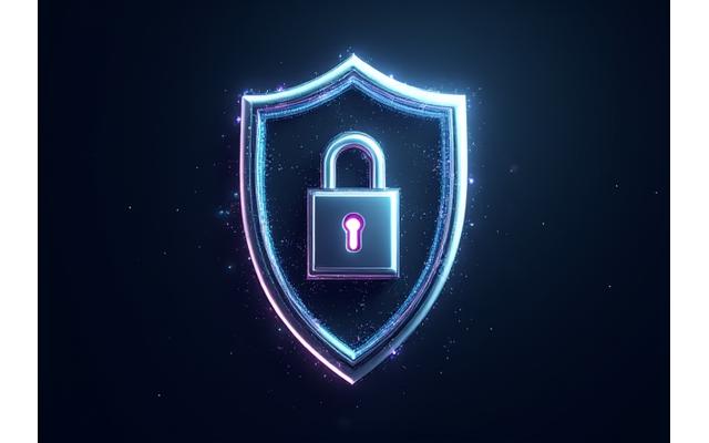 Símbolo de escudo con un candado en el centro, rodeado de elementos de seguridad digital
