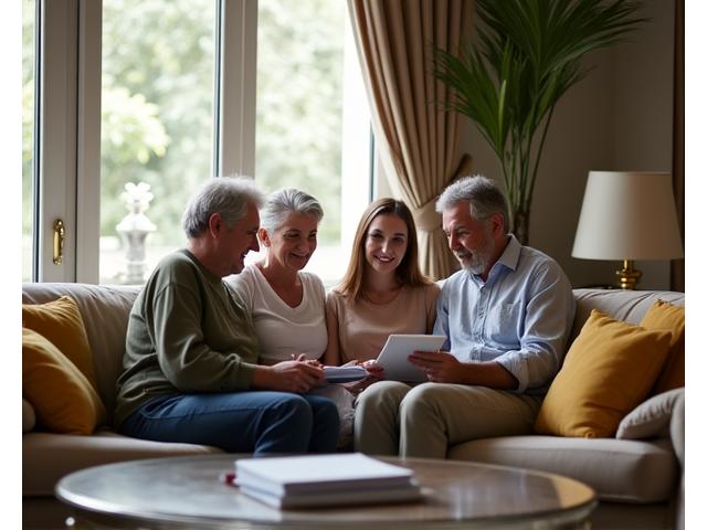 Familia de varias generaciones en una conversación serena en un entorno elegante