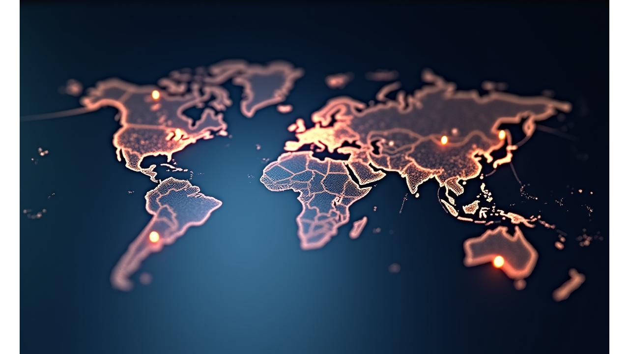 Mapa del mundo estilizado con puntos brillantes que indican centros financieros globales