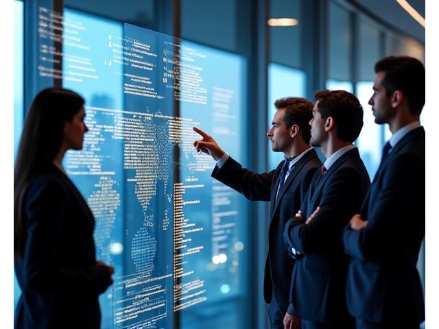 Un grupo de profesionales colaborando frente a una pantalla con gráficos de crecimiento y líneas de código, simbolizando la innovación en tecnología y finanzas.