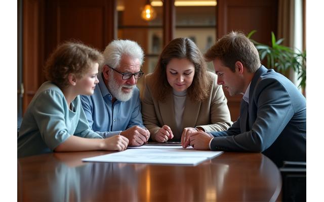 Generaciones de una familia en una sala de juntas, indicando el paso de liderazgo en una empresa familiar.