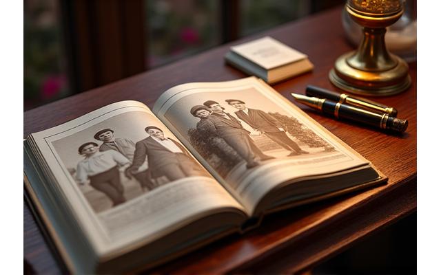 Antiguas fotos familiares en un álbum abierto sobre una mesa de madera, con una pluma y documentos de planificación, simbolizando la tradición y la planificación multigeneracional.