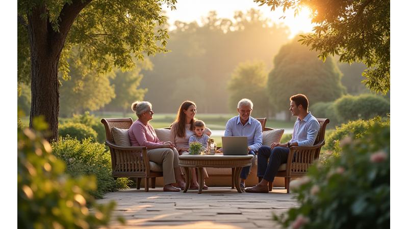Vista aérea de una finca con varias generaciones de una familia conversando, simbolizando la gestión integral y los servicios de lifestyle de un family office.
