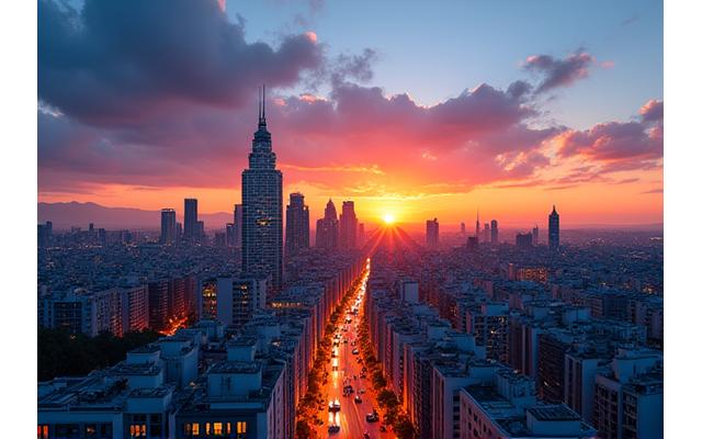 El icónico skyline de Madrid al atardecer, con edificios modernos y reflejos dorados, simbolizando España como un centro de negocios y oportunidades.